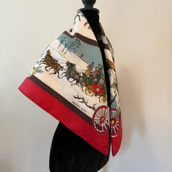 Authentic Hermes Vintage Holiday Silk Scarf with Red and Green Accents - Picture 7 of 11